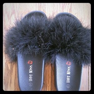 Black fuzzy slides